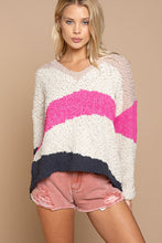Load image into Gallery viewer, v-neck popcorn colorblock sweater - fuchsia/charcoal multi

