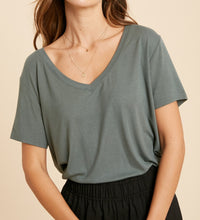 Load image into Gallery viewer, short sleeve v-neck basic knit top - t green
