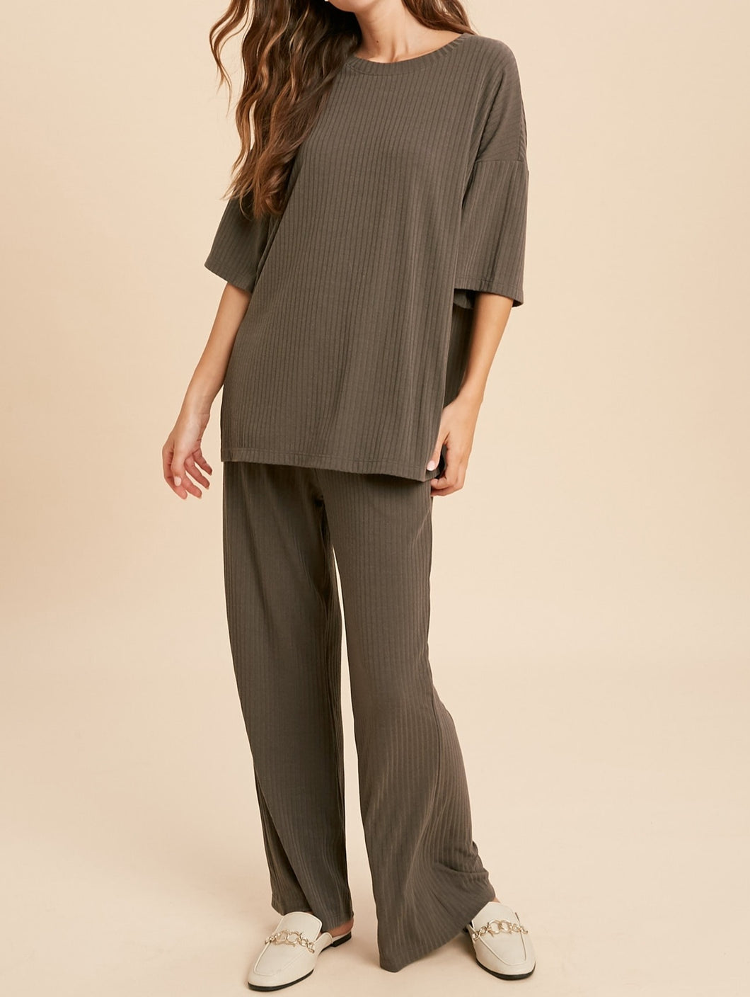 two piece rib knit casual top and pants set - charcoal