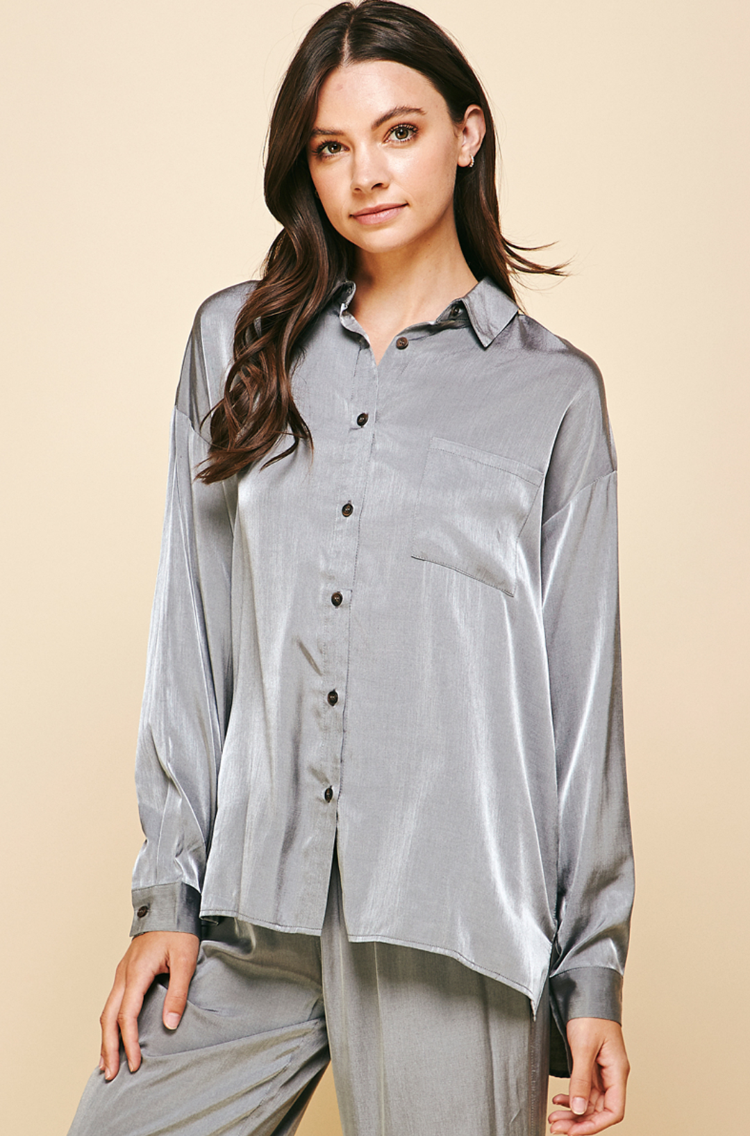 Satin Long Sleeve Button Down Top