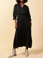 skies are blue: ruffle split neck maxi dress - black