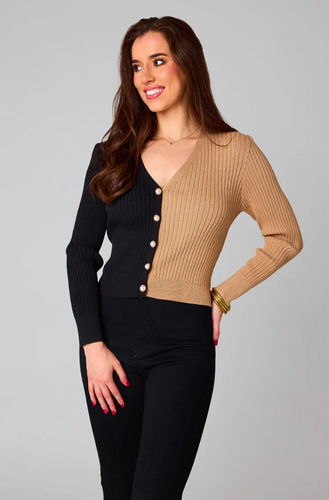 buddy love: cropped ribbed sweater - black/tan