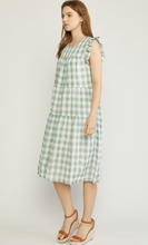 Load image into Gallery viewer, gingham print ruffle shoulder midi dress - pistachio
