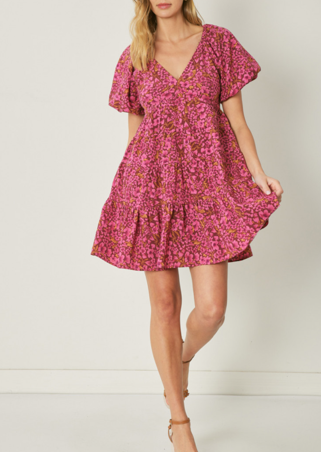 floral print v-neck bubble sleeve mini dress - burgundy