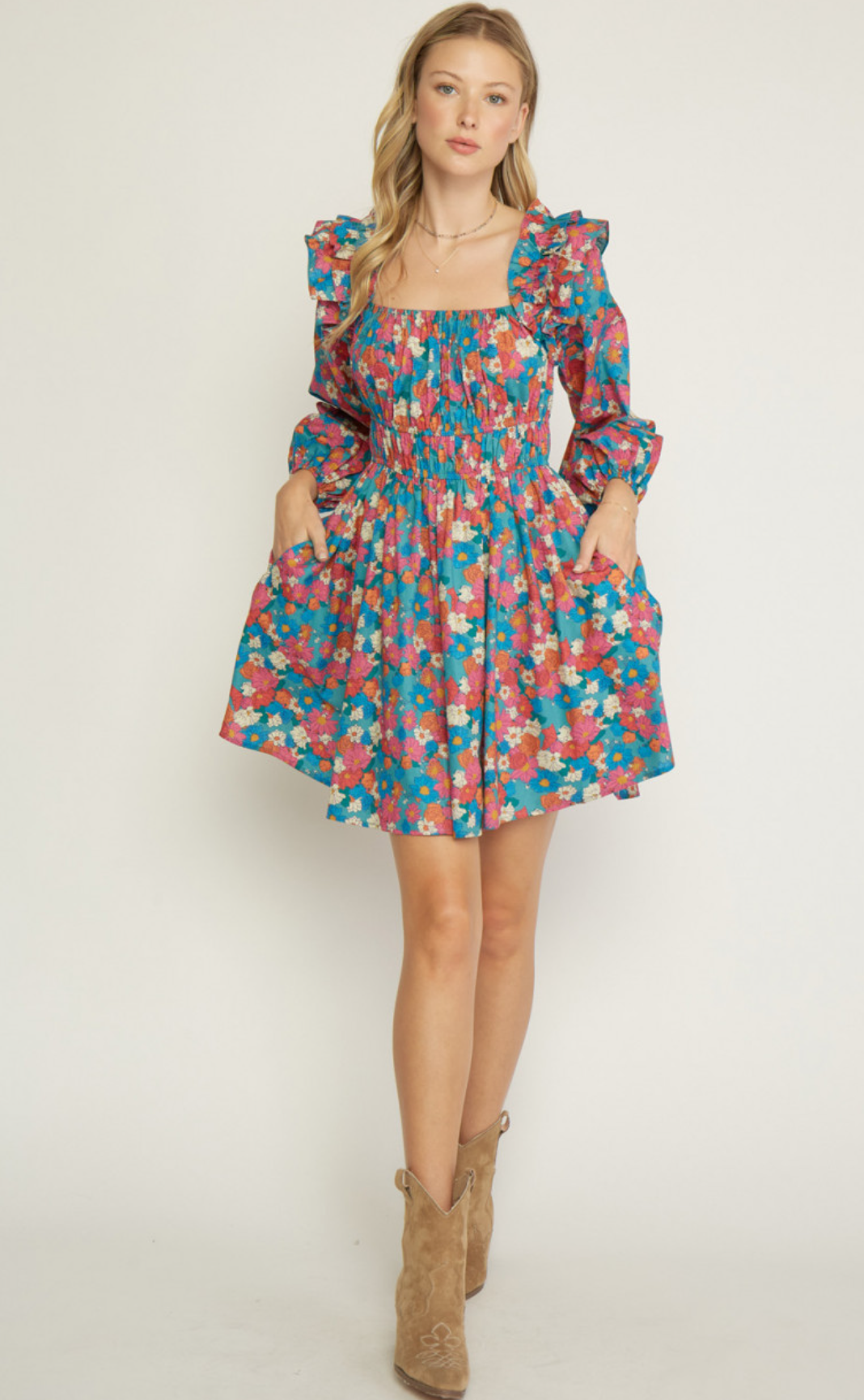 Floral Print Square Neck Long Sleeve Mini Dress