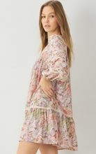 Load image into Gallery viewer, mixed floral print long sleeve babydoll mini dress - blush
