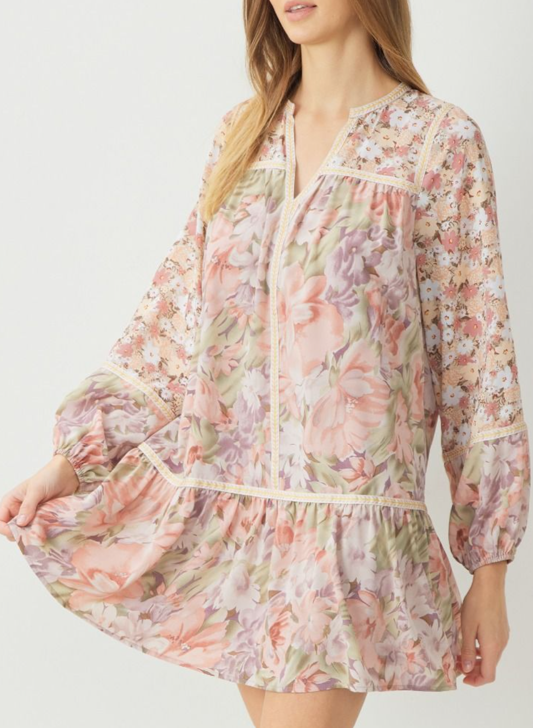 mixed floral print long sleeve babydoll mini dress - blush