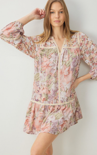 mixed floral print long sleeve babydoll mini dress - blush