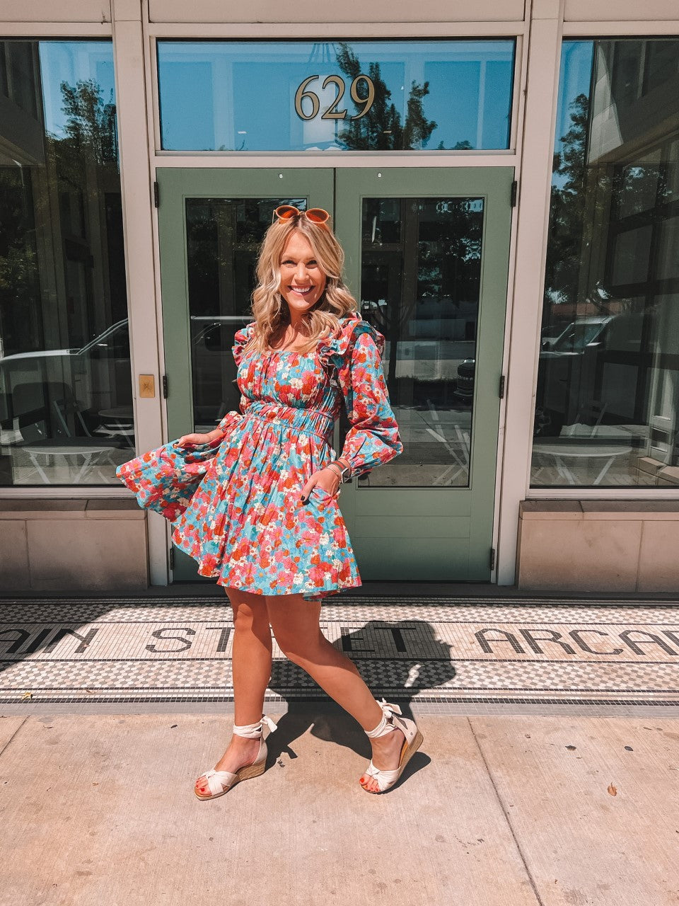 floral print square neck long sleeve mini dress