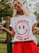Load image into Gallery viewer, friday + saturday: smiley good day in the USA - white
