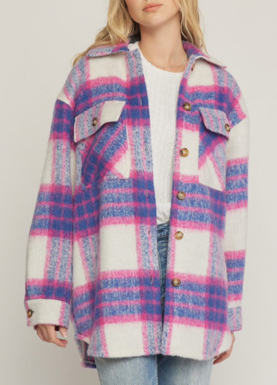 fuzzy plaid button up jacket - pink / blue