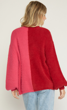 Load image into Gallery viewer, eyelash colorblock button front sweater cardigan - ruby combo
