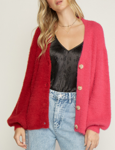 eyelash colorblock button front sweater cardigan - ruby combo