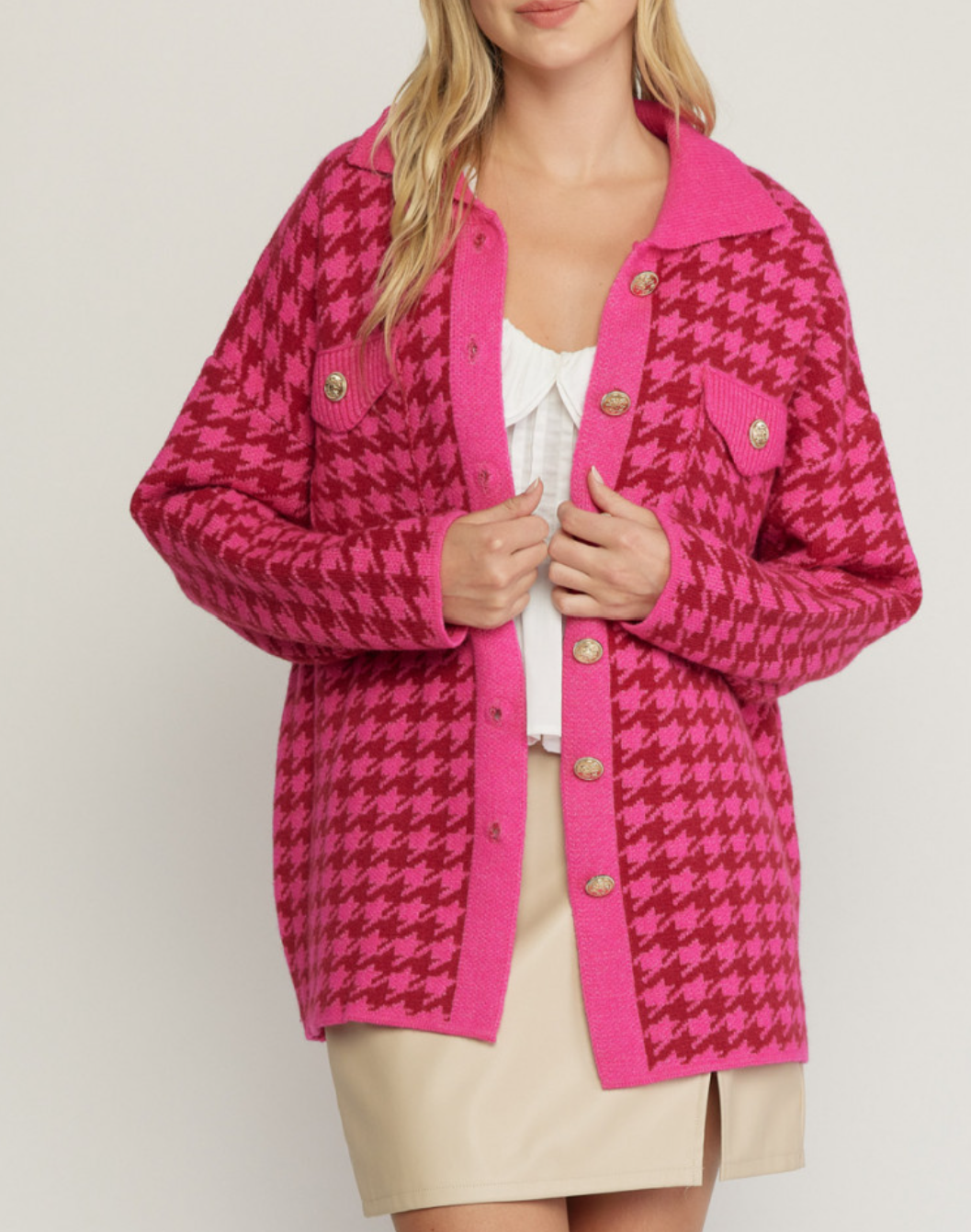 houndstooth collared button up jacket - fuchsia
