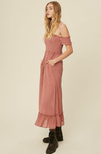 Load image into Gallery viewer, swiss dot off the shoulder smocked maxi dress - dusty rose
