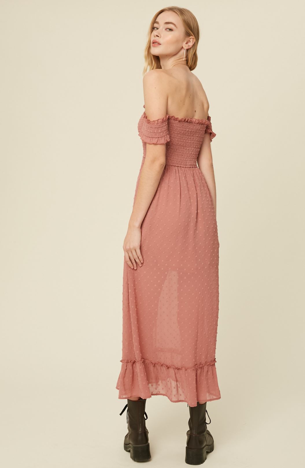 Swiss Dot Off The Shoulder Smocked Maxi Dress