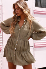 Load image into Gallery viewer, long sleeve button front mini dress olive
