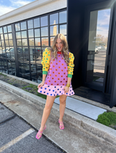 Load image into Gallery viewer, queen of sparkles: colorblock polka dot poof sleeve dress - multi
