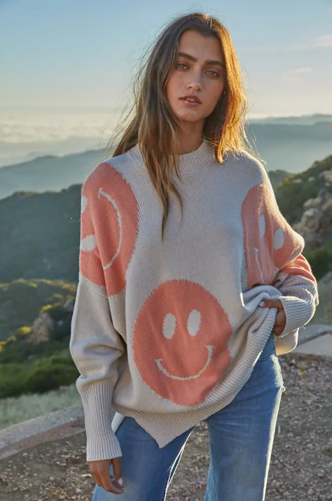 smiley oversized knit sweater - papaya punch