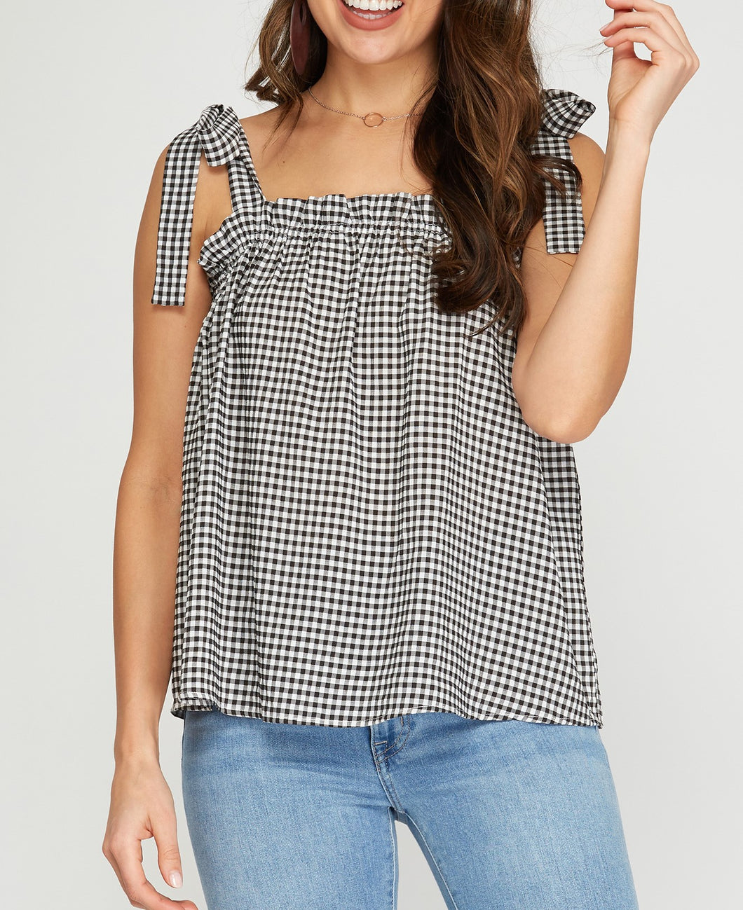sleeveless gingham top with shoulder ties - black/white
