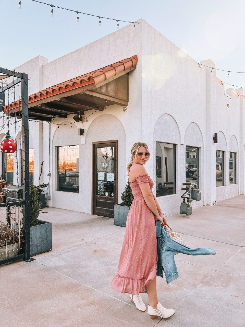 Swiss Dot Off The Shoulder Smocked Maxi Dress