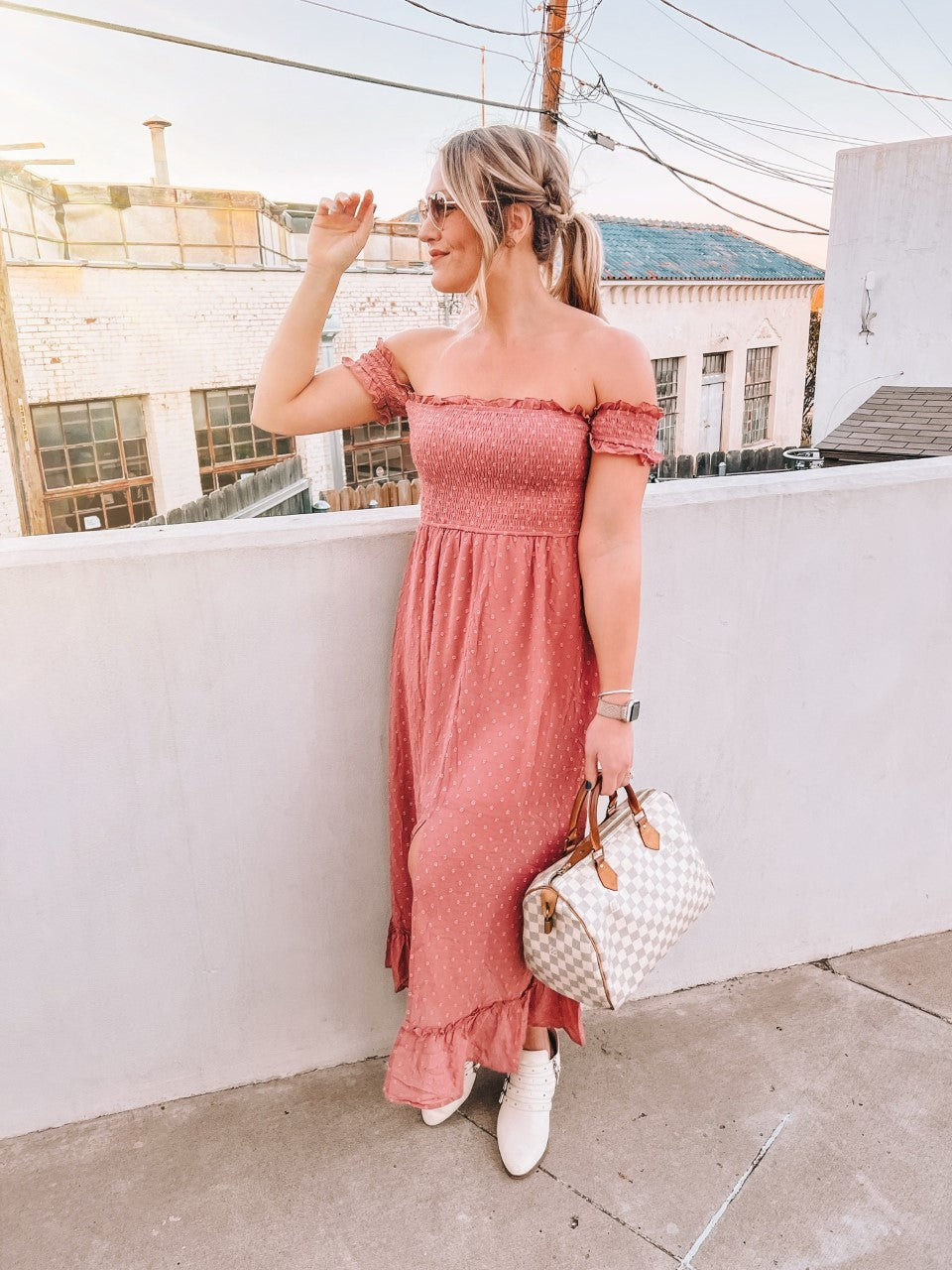 swiss dot off the shoulder smocked maxi dress - dusty rose