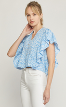 Load image into Gallery viewer, floral print butterfly sleeve ruffle top - blue

