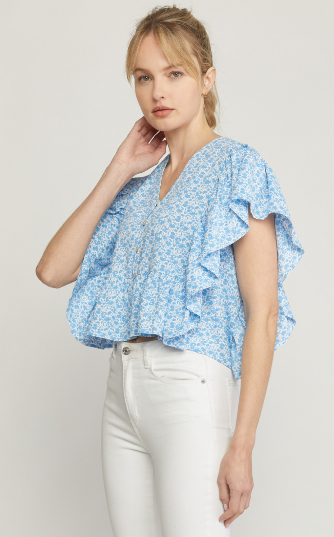 floral print butterfly sleeve ruffle top - blue – Amanda