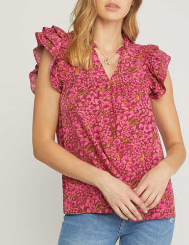 floral print v-neck ruffle sleeve top - burgundy