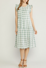 Load image into Gallery viewer, gingham print ruffle shoulder midi dress - pistachio

