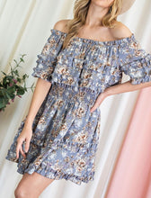 Load image into Gallery viewer, ruffle floral print off the shoulder dress -  blue
