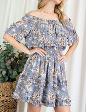 Load image into Gallery viewer, ruffle floral print off the shoulder dress -  blue
