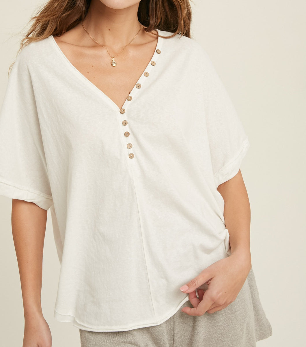 button front v-neck short sleeve top - ivory