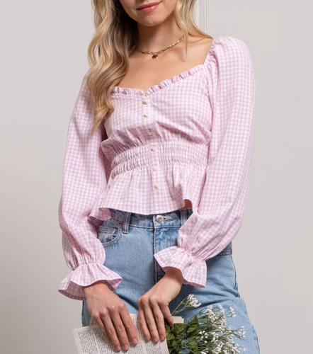sweetheart neckline gingham blouse - pink
