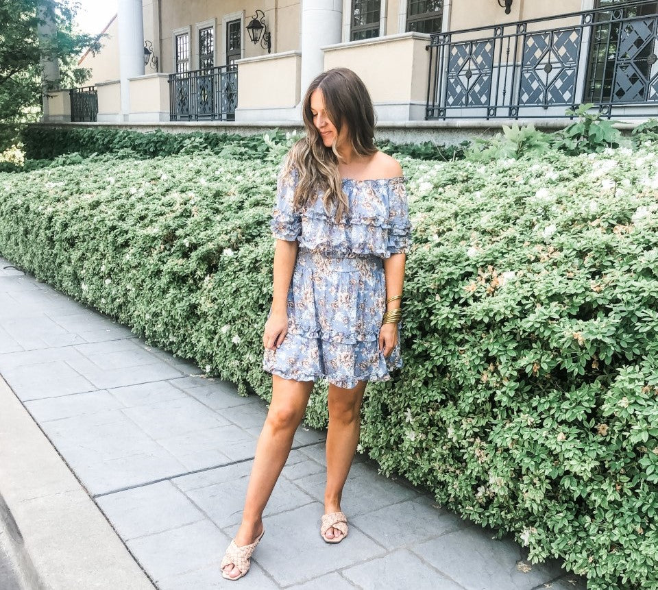 ruffle floral print off the shoulder dress