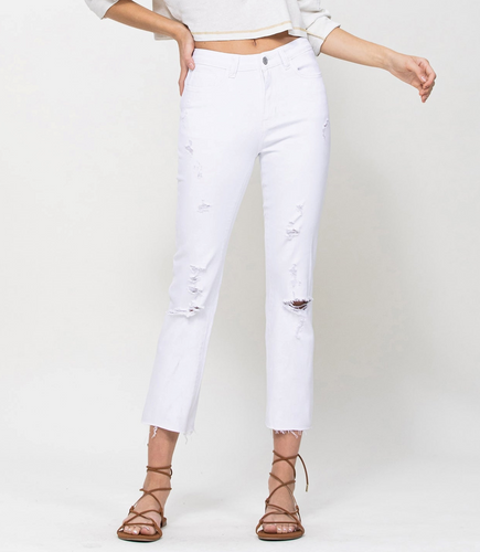 flying monkey: high rise clean cut and fray hem detail crop straight jean - optic white
