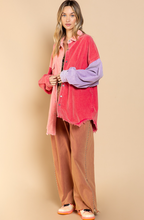 Load image into Gallery viewer, shacket: colorblock corduroy jacket raw edge - neon pink / cherry
