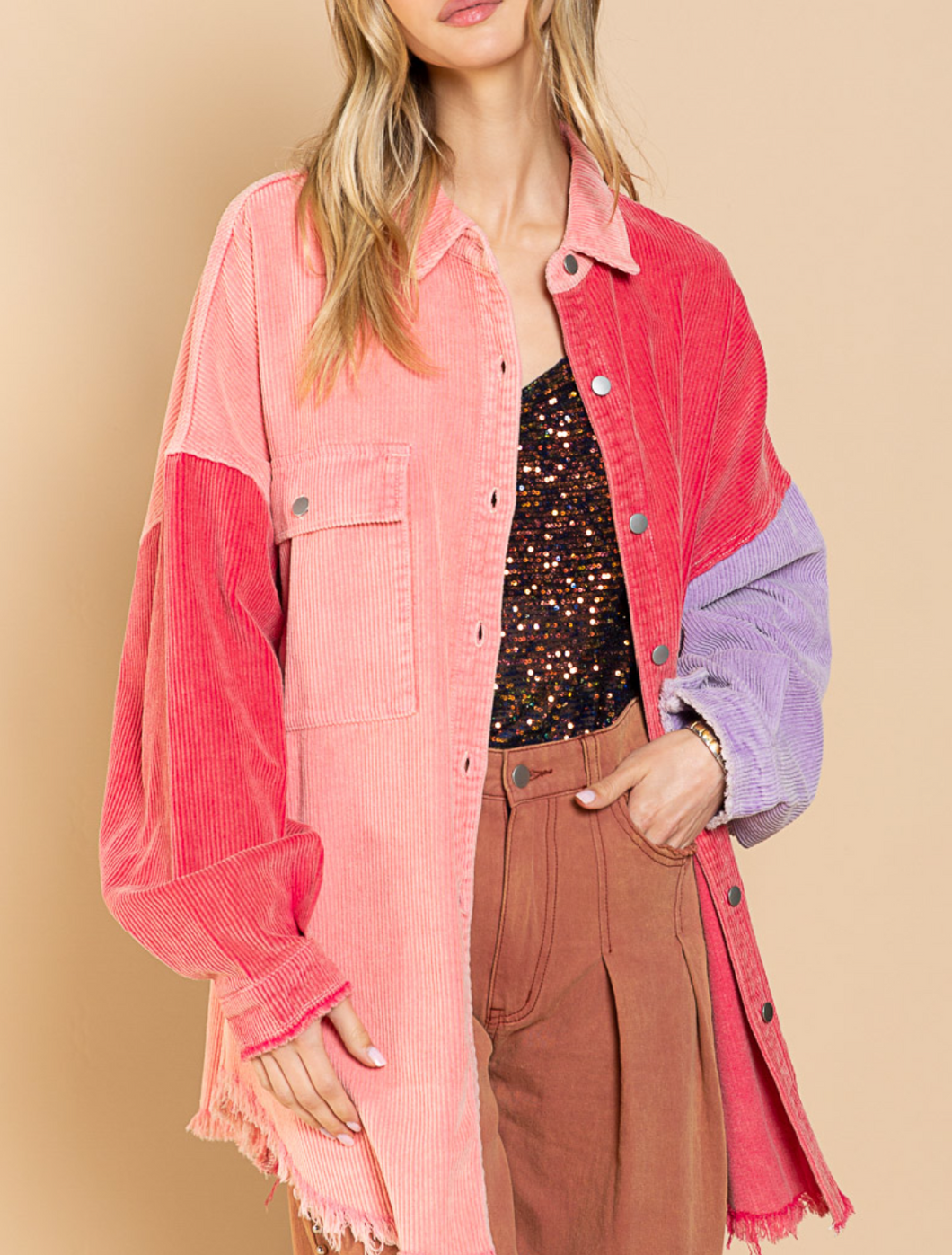 shacket: colorblock corduroy jacket raw edge - neon pink / cherry